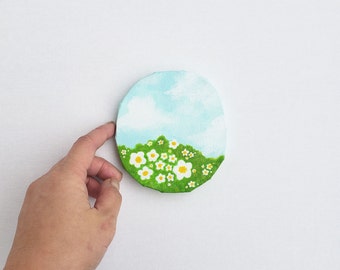 Daisy Field No. 1 - original mini acrylic painting on canvas wall art - abstract cute cheerful calm happy flower sunny sky grass landscape