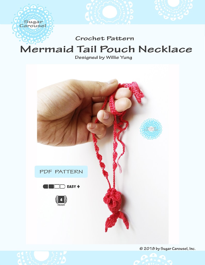 May include: A crochet pattern for a mermaid tail pouch necklace. The pattern is labeled as easy and requires medium weight yarn. The image shows a red crochet mermaid tail pouch necklace.