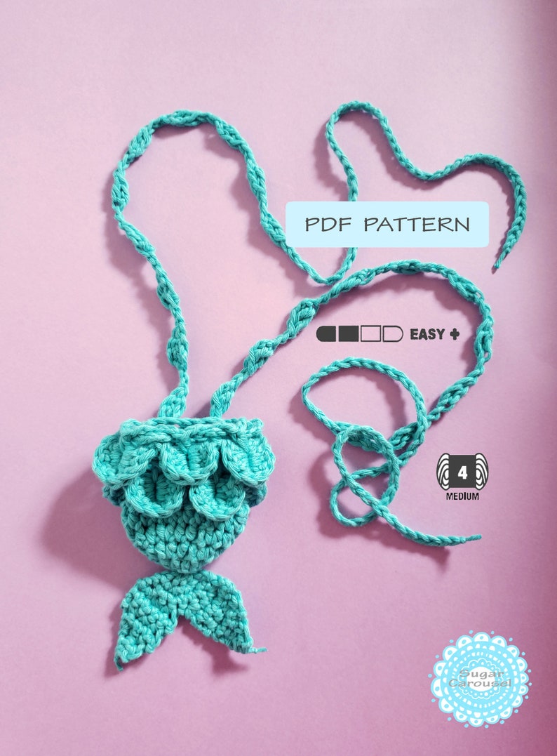 PDF Crochet Pattern Mermaid Tail Drawstring Bag cute bridal wedding baby shower party flavor kid girl easy purse lipstick holder tutorial image 2