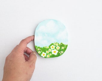 Daisy Field No. 2 - original mini acrylic painting on canvas wall art - abstract cute cheerful calm happy flower sunny sky grass landscape