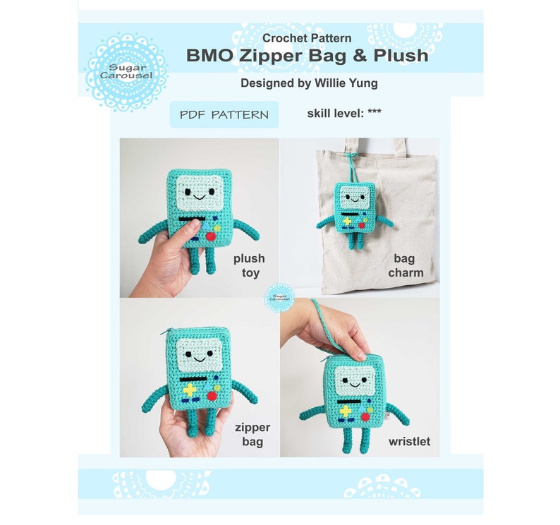 PDF Crochet Pattern BMO Zipper Bag & Plush diy craft adventure time cute robot cartoon kids soft stuffed toy pouch purse amigurumi novelty image 1