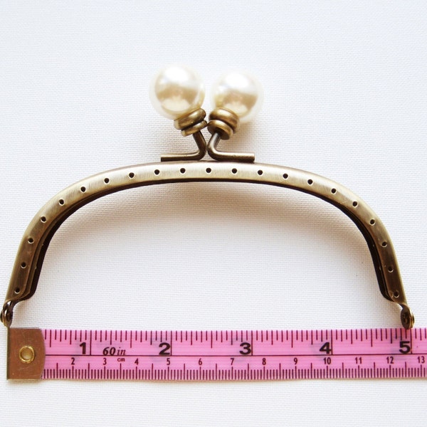 12.5cm/5 inch Antique Brass nickel free wedding party evening coin purse bag frame with large white natural pearl head and sew holes