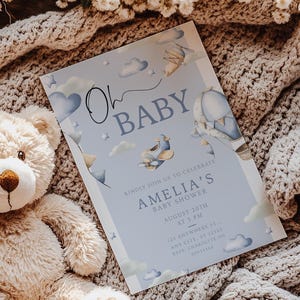 Editable Hot Air Balloon Baby Shower Invitation: Blue Cloud Design (Digital Invite)