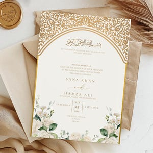 Invitación de boda islámica Nikkah dorada, plantilla de boda Barat Walima, plantilla de boda de descarga digital, invitación personalizada Nikkah musulmana floral