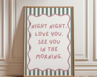 Lámina con frase para habitación de niñas, Lámina tipográfica "Buenas noches, te quiero", Arte de pared infantil, Arte pastel para dormitorio de niñas, Decoración del hogar, Láminas verde salvia
