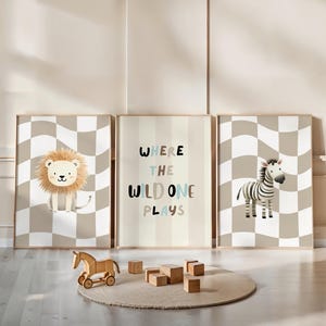 Safari Prints for Nursery Set of 3, Beige Background, Jungle Animal Theme Nursery Decor, Gender Neutral Kids Wall Art, Boys Girls Poster
