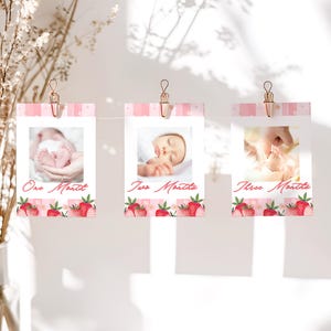 Cartes-photos d'étape mensuelles modifiables en Vichy rose et fraise, décoration d'anniversaire bannière premier anniversaire baies, imprimable, téléchargement immédiat