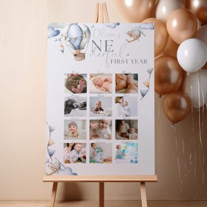 Schöner 1. Geburtstag Erstes Jahr Vorlage, One-Derful Digitales Schild, Blauer Heißluftballon, Erster Geburtstagsjunge Einladen, Geburtstagsvorlage Zeichen.