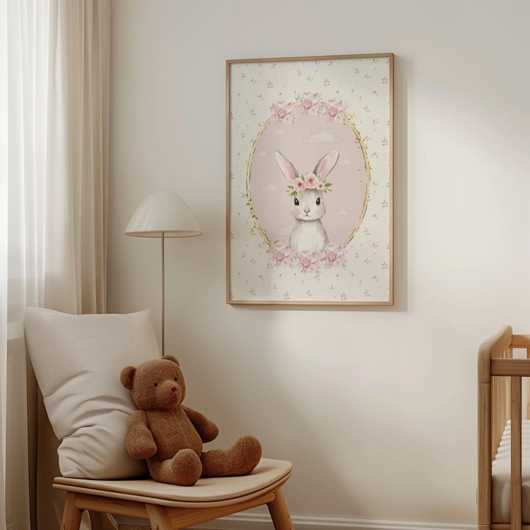 Bunny Nursery Print: Pink Floral Rabbit Art, Girl's Room Decor - Etsy