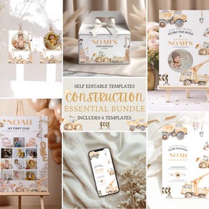 Editable Construction Birthday Invitation Bundle,Digger Dump Truck Birthday Bundle,Dump Truck Digger Theme Digital Template, 1st 2nd 3rd.