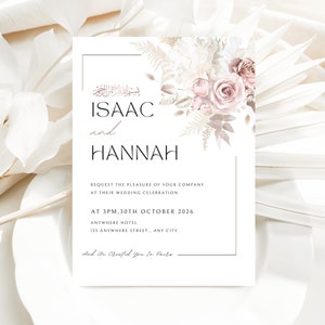 Invitación floral para boda musulmana de Pampas, invitación para boda musulmana de Nikkah Walima, plantilla de invitación digital para boda musulmana, invitación floral