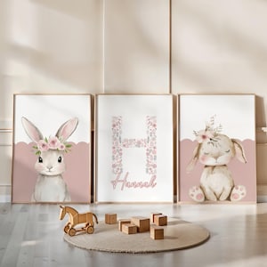 Girls Bedroom Prints Girls Room Decor Girl Wall Art Name Prints Nursery Decor Floral Pink Bunny Decor Baby Girl Nursery Wall Templates