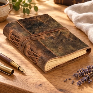 Peut inclure: Un journal rectangulaire relié en cuir marron foncé vieilli avec une fermeture par lanière en cuir. La tranche et les bords présentent un laçage décoratif en cuir, et l'intérieur contient des pages épaisses couleur crème aux bords irréguliers.