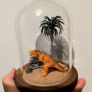 May include: A miniature Tyrannosaurus Rex dinosaur figurine in a glass dome with a small palm tree and sand. The dome sits on a wooden base.
