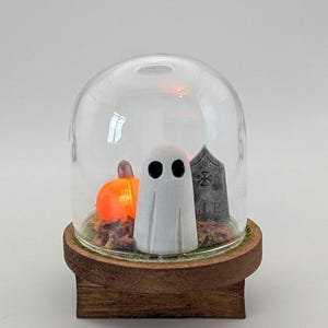 Op de afbeelding: Een glazen koepel met Halloween-thema op een houten basis. Binnenin staan een wit spookfiguur, een oranje pompoen en een grafsteen op kunstbladeren. De heldere koepel staat op een donkerbruine basis, wat een miniatuurscène creëert.