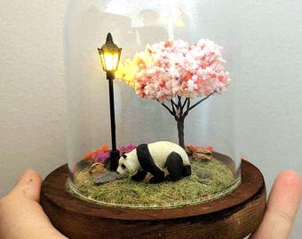 Panda Terrarium Diorama Handmade Miniature Cute Japanese China Light up lamp Cloche Glass Bell Jar Nature Wildlife Gift Birthday Christmas