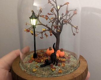 Black Cat Halloween Spooky Miniature Terrarium Handmade Autumn Pumpkin Light Up Diorama Cute Woodland lamp  Bell Jar Nature Gift Birthday