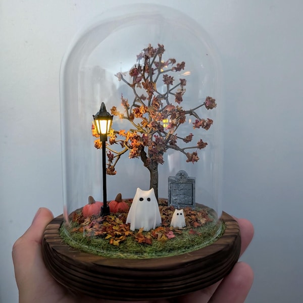 Ghost Cat Kitten Terrarium: Handmade Halloween Spooky Pumpkin Light Diorama