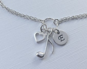 Personalized Music Note Bracelet in Sterling Silver - Adjustable Personalized Music Note Bracelet