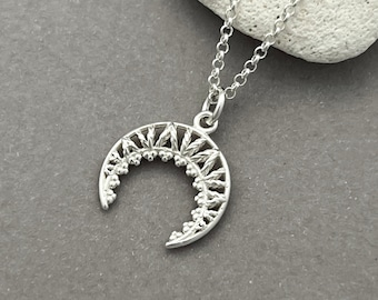 Sterling Silver Crescent Moon Necklace, Upside Down Moon Necklace