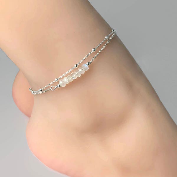 Rainbow Moonstone Anklet, Double Chain Sterling Silver Anklet, Rainbow Moonstone, Satellite chain anklet