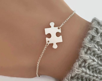 Sterling Silver Puzzle Piece Bracelet, Adjustable Jigsaw Bracelet, Silver Anklet, Puzzle piece jewelry