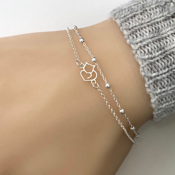Adjustable Sterling Silver Cat Bracelet - Cat Lover Jewellery, Gift for Mom