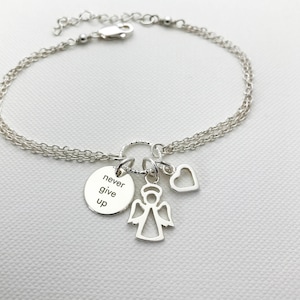 Never Give Up Angel Bracelet in Sterling Silver - Motivational bracelet, Inspiration Bracelet, Graduation Gift, Hope Bracelet