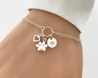 Sterling Silver Personalized Paw Bracelet – Initial Charm, Pet Jewelry