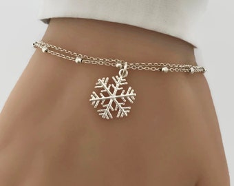 Sterling Silver Snowflake Bracelet, Anklet, Adjustable Snowflake Bracelet, Winter Wedding, Christmas Gift for Her