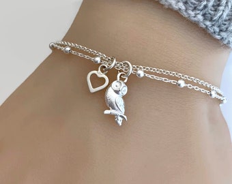 Owl Jewelry Adjustable Bracelet Waxed Cord Bracelet Small Owl Bracelet Sliding Knot Bracelet Gift for Her Owl Lovers Gift Owl Anklet