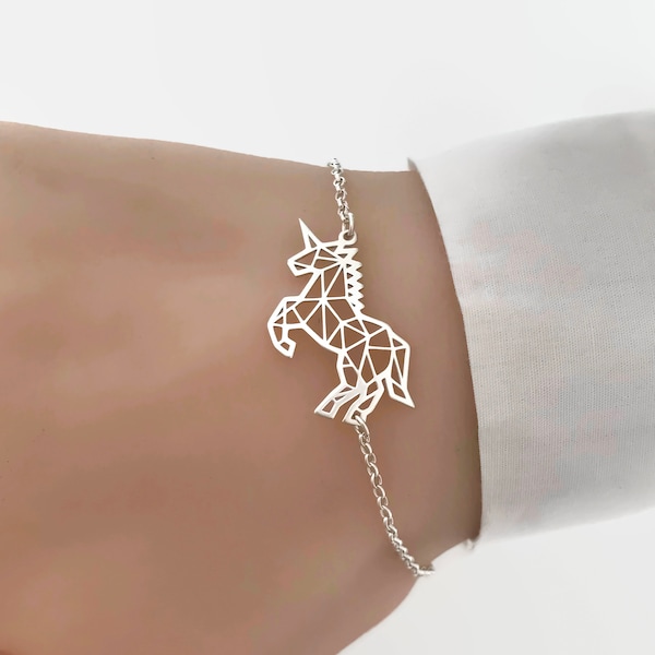 Bracelet licorne, bracelet licorne origami en argent sterling, bracelet géométrique, bracelet origami, bracelet licorne argent, licorne argentée