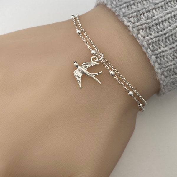 Elegant Sterling Silver Swallow Bird Charm Bracelet - Adjustable Nature-Inspired Jewellery Gift