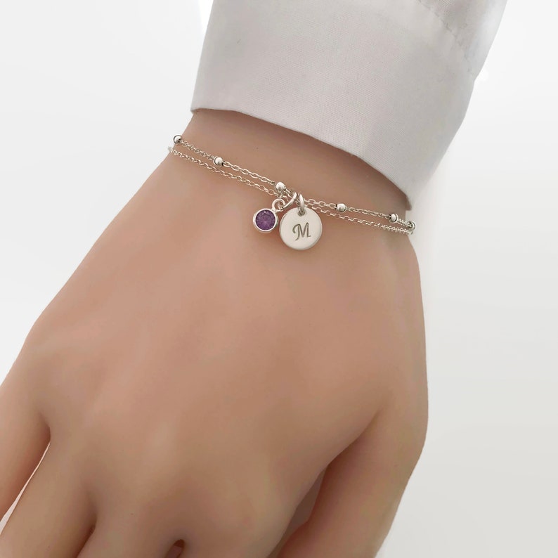 Personalized Sterling Silver Birthstone and Initial Bracelet Adjustable Bracelet, Personalized jewelry zdjęcie 6