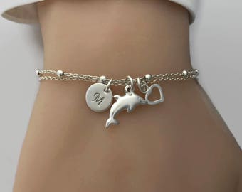 Personalised Dolphin Bracelet in Sterling Silver - Dolphin jewelry, Sea Bracelet, Beach Bracelet, Silver Bracelet