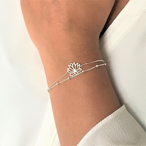 Lotus Flower Bracelet, Layering Lotus Sterling Silver Bracelet, Adjustable Double Chain Lotus Flower Bracelet