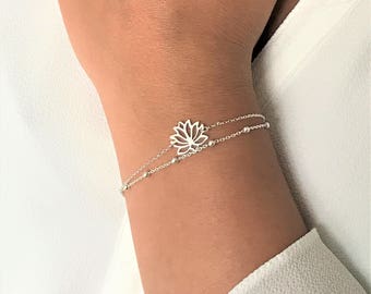 Lotus Flower Bracelet, Layering Lotus Sterling Silver Bracelet, Adjustable Double Chain Lotus Flower Bracelet