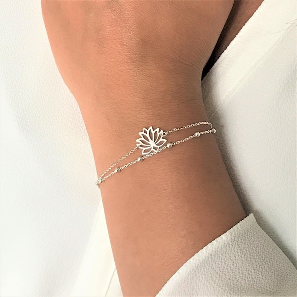 Lotus Flower Bracelet, Layering Lotus Sterling Silver Bracelet, Adjustable Double Chain Lotus Flower Bracelet