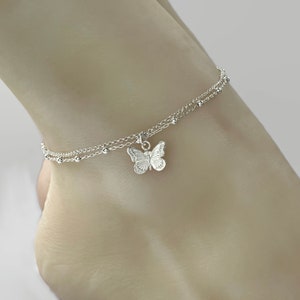 Sterling Silver Butterfly Anklet: Double Layer Ankle Bracelet