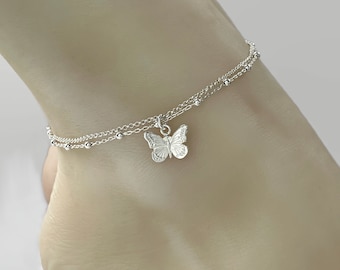 Sterling Silver Butterfly Anklet: Double Layer Ankle Bracelet