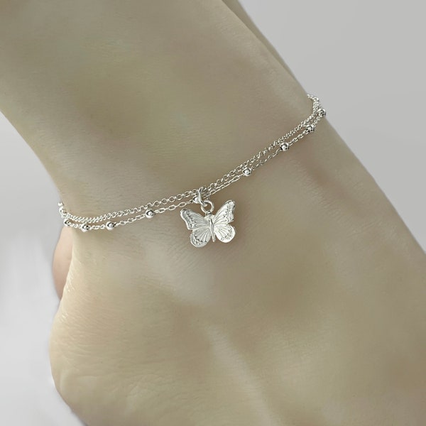 Bracelet de cheville papillon en argent sterling, Bracelet de cheville en argent, Bracelet de cheville papillon