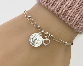 Sterling Silver Saint Benedict Medal Bracelet - Adjustable Bracelet - Protection bracelet