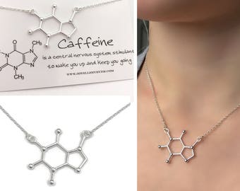 Collar de cafeína en plata de ley: molécula de cafeína, joyería científica, joyería química, regalo para ella, collar de moléculas