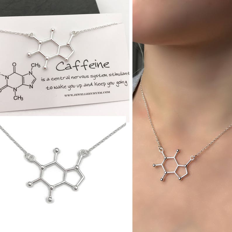 Sterling Silver Caffeine Necklace Caffeine Molecule, Science Jewellery, Chemistry Jewellery, Gift for her, Molecule necklace image 1