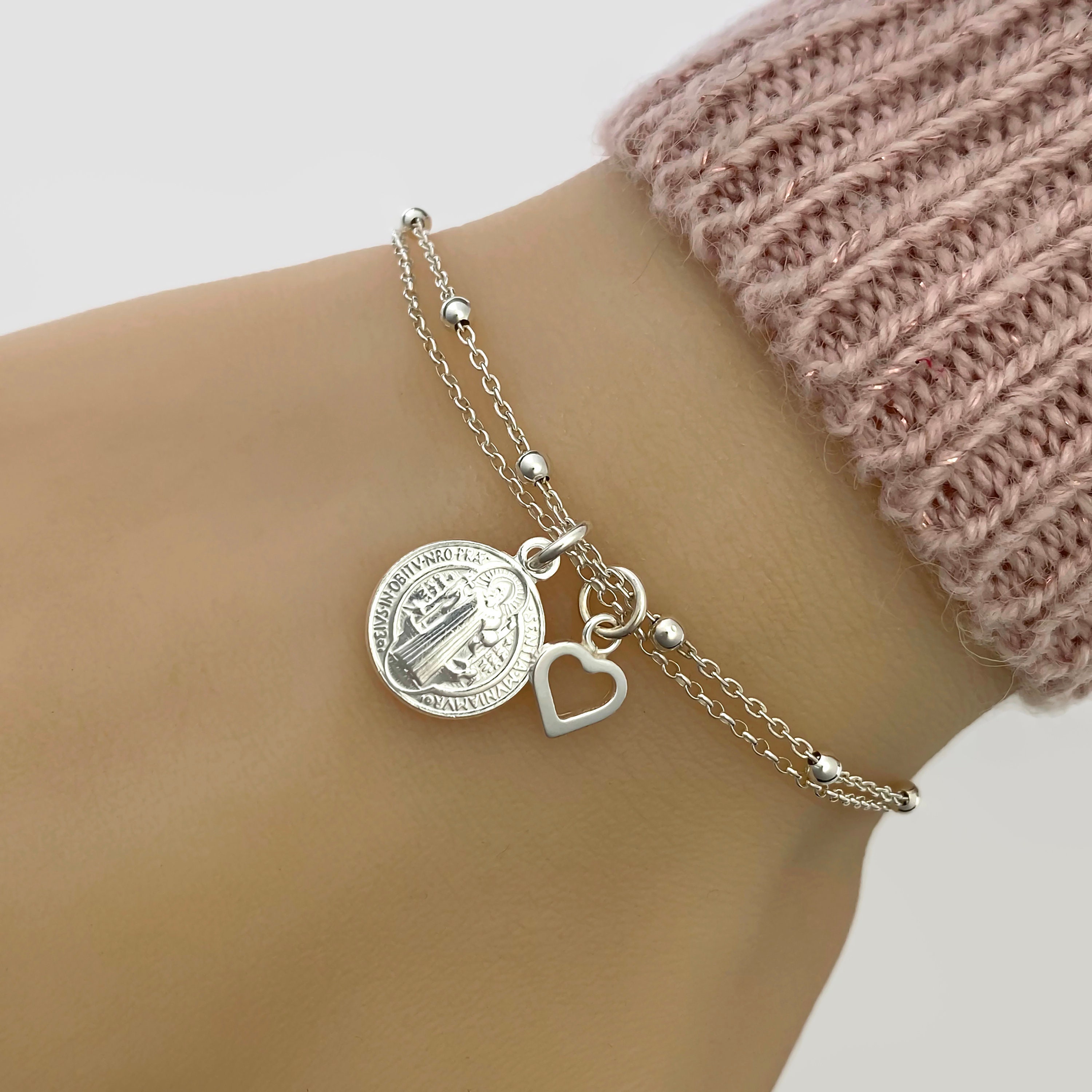 Sterling Silver Saint Benedict Medal Bracelet Adjustable Bracelet