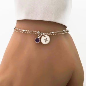 Personalized Sterling Silver Birthstone and Initial Bracelet Adjustable Bracelet, Personalized jewelry zdjęcie 5