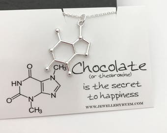 Sterling Silver Chocolate Necklace - Chocolate Molecule, Science Jewellery, Chemistry Jewellery, Theobromine molecule, Molecule necklace