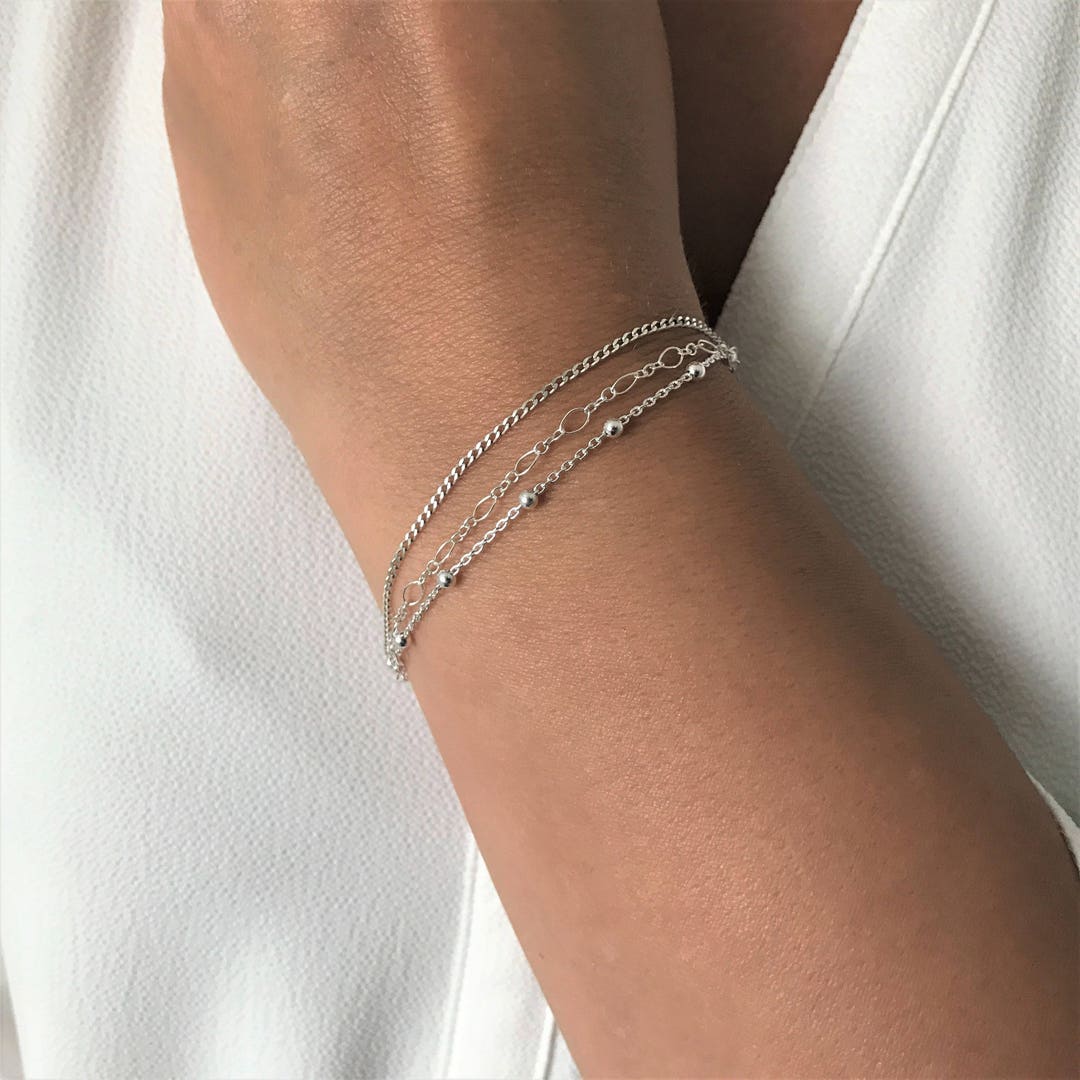 Triple Layered Dainty Chain Sterling Silver Bracelet