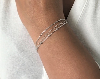 Triple Layered Dainty Chain Sterling Silver Bracelet - Layering Adjustable Bracelet