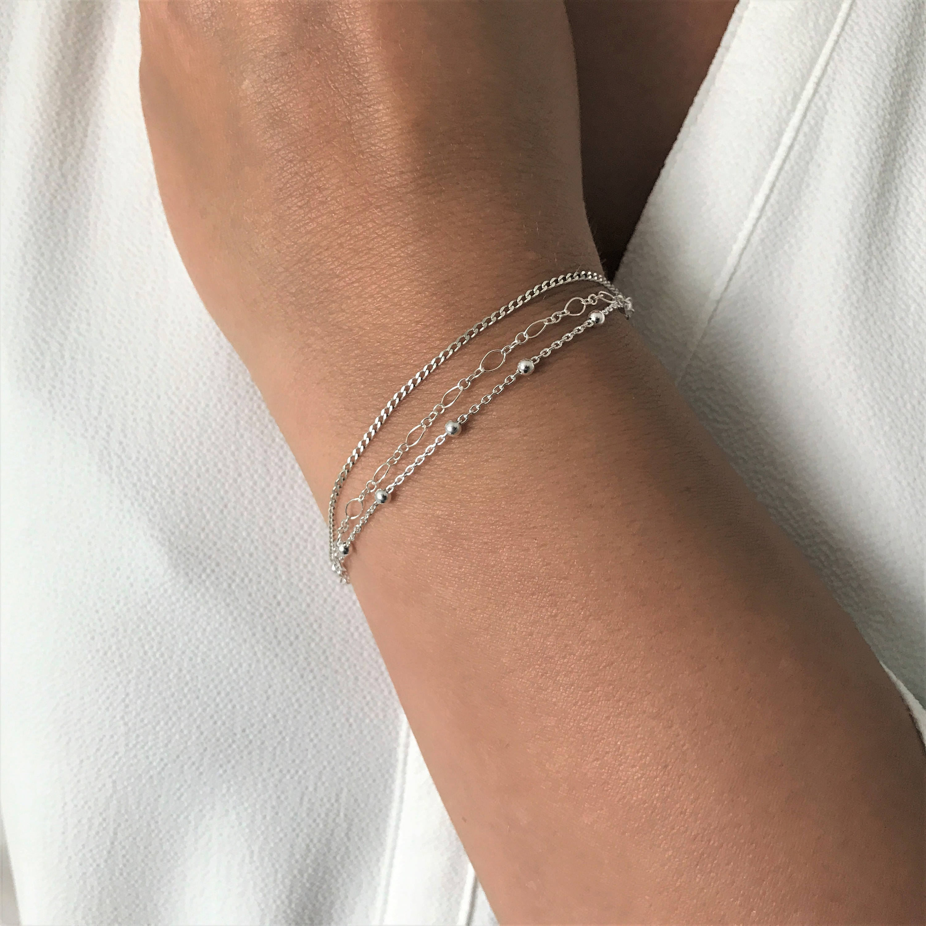 Buy Triple Layered Dainty Chain Sterling Silver Bracelet Online in